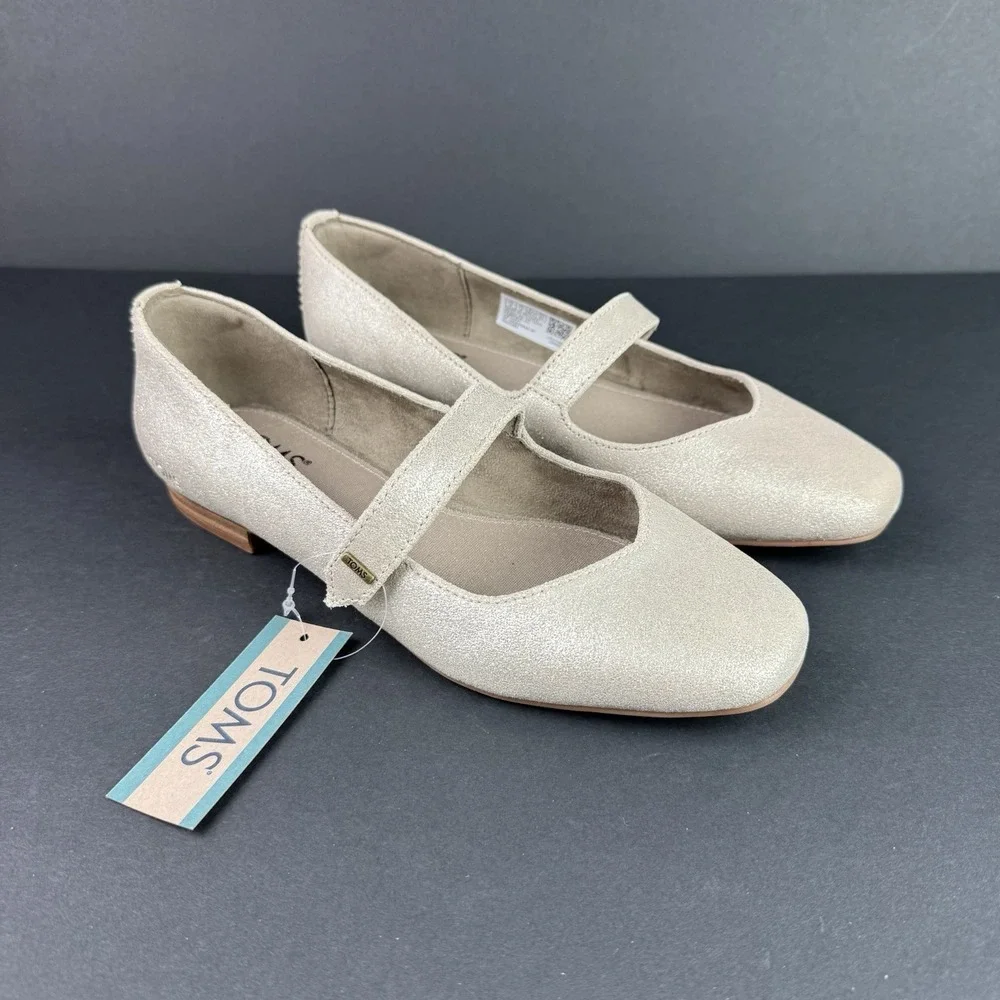 TOMS Women's Bianca‎ Suede Mary Jane Flats Beige Gold Size 6 Festive